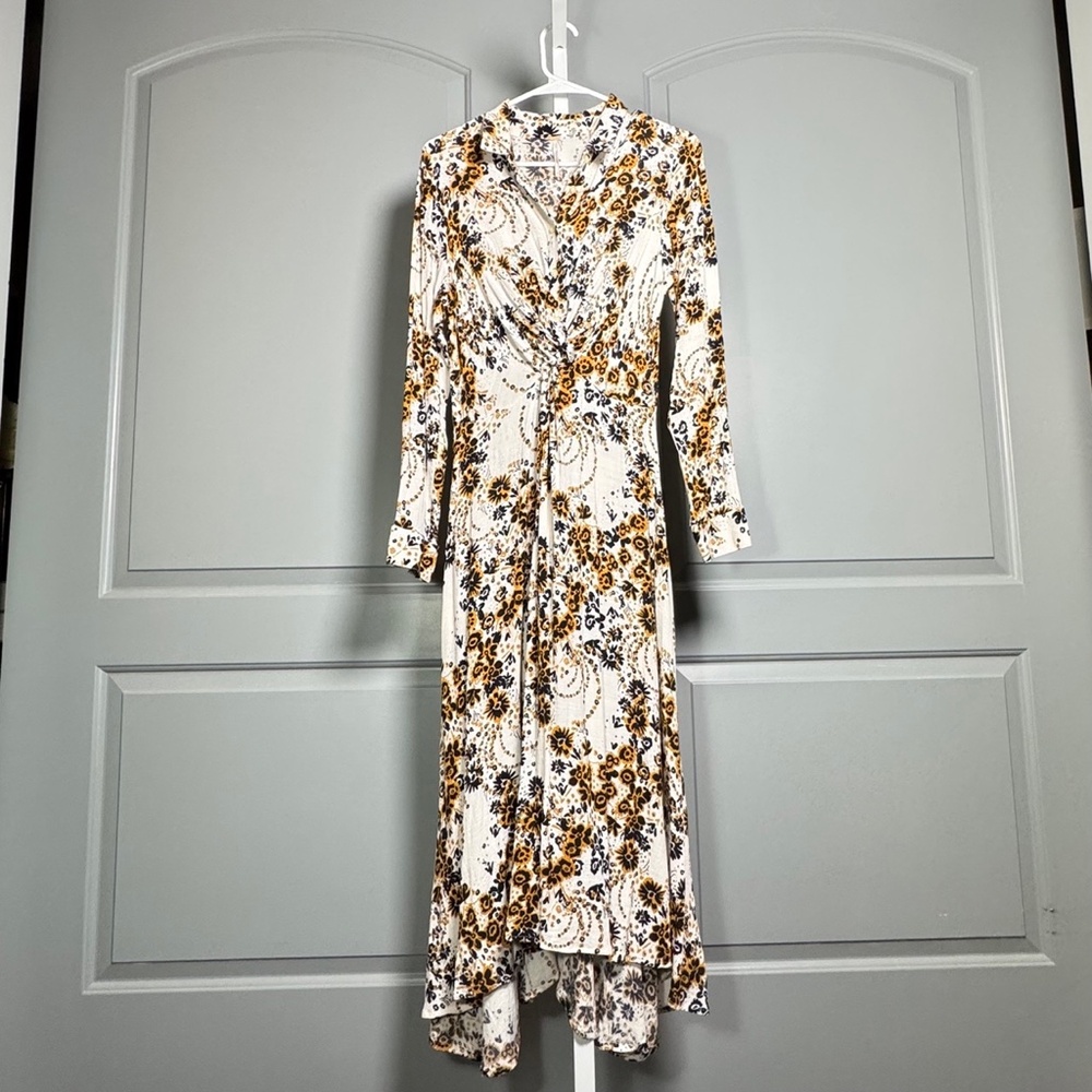 Free People Tough Love Shirt Dress Womens‎ Ivory Floral Wrap Midi Long Sleeve 8 - Picture 3 of 12